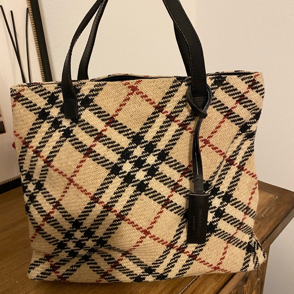 Burberry small wool, tan, nova plaid tote with leather top handle straps.